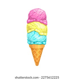 Cartoon ice cream cone with three scoops, vector food and summer dessert. Triple scoop ice cream, gelato or frozen yogurt with strawberry, vanilla and mint flavors in sugar waffle cone