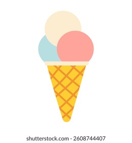 A cartoon ice cream cone with three different colored ice cream balls in it. The cone is yellow and the ice cream balls are blue, pink, and white
