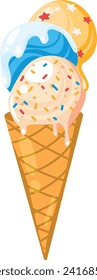 Cartoon ice cream cone with two scoops, blue and yellow, with sprinkles and stars. Delicious summer dessert, ice cream in a waffle cone vector illustration.