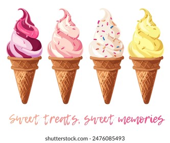 Cartoon Ice Cream Cone Vector Icon Isolated on White Background. Classic ice cream cone overflowing with colorful sprinkles. The sweet treat is depicted in a bright and whimsical style