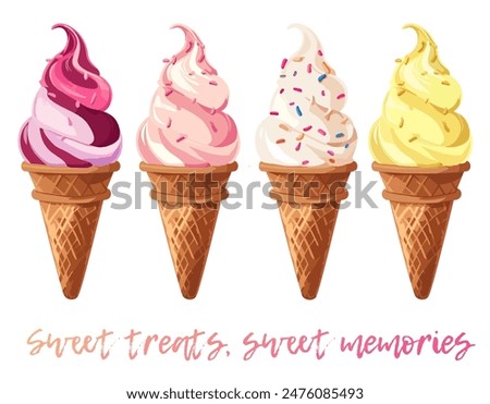 Cartoon Ice Cream Cone Vector Icon Isolated on White Background. Classic ice cream cone overflowing with colorful sprinkles. The sweet treat is depicted in a bright and whimsical style