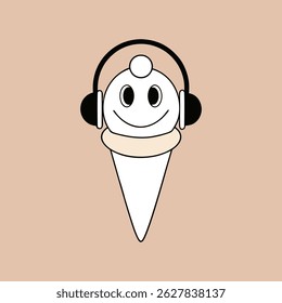 Cartoon ice cream cone wearing headphones illustration on light brown background