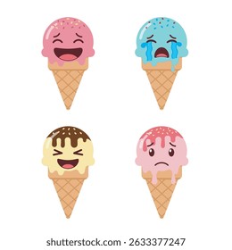 Cartoon ice cream cones with cute faces showing different emotions, including happy, sad, crying, and surprised, in various colorful flavors and toppings.