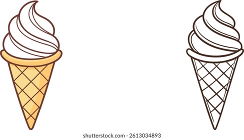 Cartoon Ice Cream Cones Vector Illustration With Colorful And Outline Versions