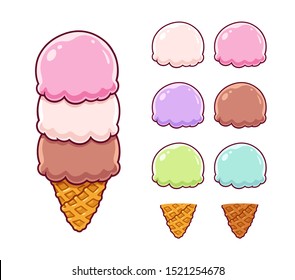 Cartoon ice cream constructor set with ice cream scoops and waffle cones. Vanilla, strawberry, chocolate and other traditional Italian gelato flavors. Cute and simple vector clip art illustration.