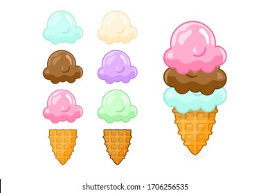 Constructora de helados de dibujos animados con helados y conos de gofre. Diferentes sabores: baya, fruta, pistacho, vainilla, chocolate. Ilustración del vector