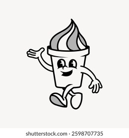 Cartoon ice cream cup with a smiling face, waving arms, and walking legs. Fun, playful, and cheerful ice cream character. Black and white illustration. Cute vector illustration.