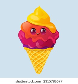 Cartoon ice cream with cute face. Design for print, sticker, party decoration, logo, emblem, magazine prints or journal article, t-shirt design, poster. Vector illustration 