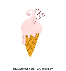 Cartoon ice cream. Cute sticker  for Valentine's day. Clip art vector illustration isolated on white background