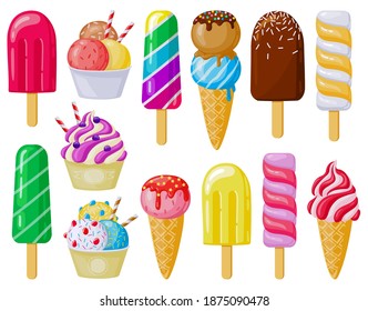 Cartoon ice cream. Delicious ice cream cones, lolly fruit ice and gelato, sundaes tasty summer dessert vector illustration set. Ice cream in cone, waffle and delicious tasty