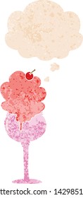 cartoon ice cream desert with thought bubble in grunge distressed retro textured style
