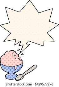 cartoon ice cream dessert in bowl with speech bubble in comic book style