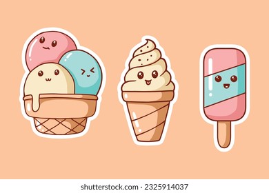 Personajes de los postres con helados de dibujos animados. Hielo aislado de frutas vectoriales, cono de gofre, paleta, sándwich, gelato kawaii personajes. Cocina fría de verano, barras y bolas congeladas. Helado dulce y sabroso