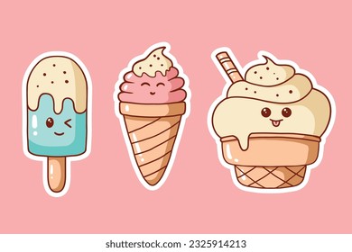 Cartoon ice cream dessert characters. Isolated vector fruit ice, waffle cone, popsicle, sandwich, gelato kawaii personages. Cold summer food, frozen bars and balls. Sweet tasty ice cream