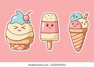 Cartoon ice cream dessert characters. Isolated vector fruit ice, waffle cone, popsicle, sandwich, gelato kawaii personages. Cold summer food, frozen bars and balls. Sweet tasty ice cream