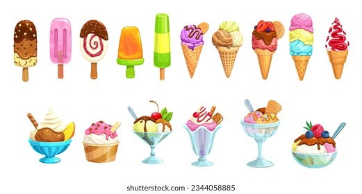 Cartoon ice cream desserts isolated vector frozen creamy gelato icecream, wafer cone. Caramel eskimo, popsicle or chocolate glaze sundae with nuts, whipped cream, fruit ice, vanilla scoops in bowls