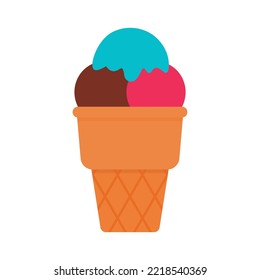 Cartoon ice cream drawing. Mint, strawberry and chocolate scoops in waffle cone. Cute frozen dessert animated vector illustration