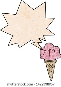 cartoon ice cream with face with speech bubble in retro texture style