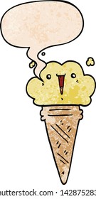 cartoon ice cream with face with speech bubble in retro texture style