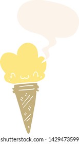 cartoon ice cream with face with speech bubble in retro style