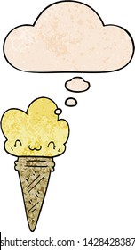 cartoon ice cream with face with thought bubble in grunge texture style