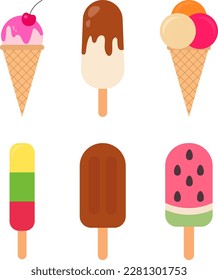 Cartoon ice cream flat vector set. Summer illustration. Waffle cone, icecream ball. Frozen dessert, gelato. Summer candy, icecream. Vanilla ice cream. Cold ice cream, sweet food logo. Chocolate
