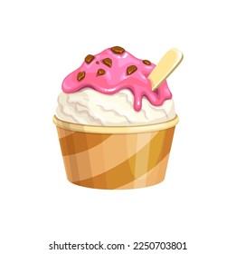 Cartoon ice cream gelateria cafe sundae, cafe or restaurant frozen dessert in waffle cup with wooden scoop or spoon, pink vanilla topping and chocolate chips, isolated vector sweet gelato ice cream