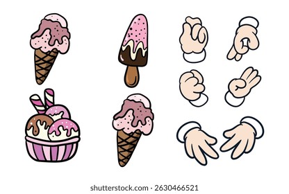 Cartoon Ice Cream and Hand Gesture Vector Set. Cute Dessert and Funny Hand Sign Illustration