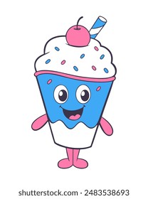 Cartoon Ice cream icon logo, summer elements design, fun ice cream in paper cup with berry and sprinkles with straw, isolated on white background.