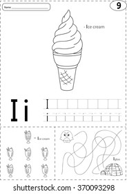 Cartoon ice cream and igloo. Alphabet tracing worksheet: writing A-Z, coloring book and educational game for kids