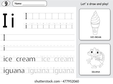 Cartoon ice cream and iguana. Alphabet tracing worksheet: writing A-Z, coloring book and educational game for kids