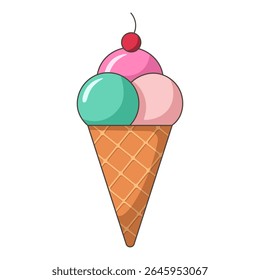 Sorvete de desenho animado isolado no branco. Três bolas multicoloridas em cone de waffle. Cor rosa, verde hortelã e creme colheres de gelato e cereja no topo. Ilustração de clipart de vetor.