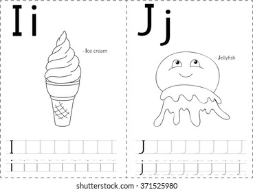 Cartoon ice cream and jellyfish. Alphabet tracing worksheet: writing A-Z, coloring book and educational game for kids