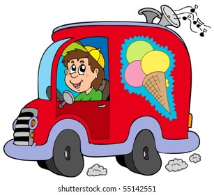 Cartoon ice cream man in car - vector illustration.