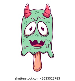 Cartoon ice cream monster with horns and a mouth that is open