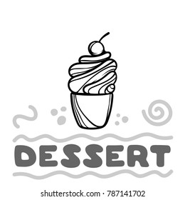 Cartoon ice cream on white background. Hand drawn illustration. Pastry concept. Dessert time.