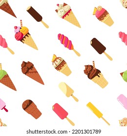 Cartoon ice cream pattern. Seamless print of colorful ice pop sweet cold dessert of different shapes and flavors. Vector summer ice cream texture. Different tastes as pistachio, chocolate and vanilla