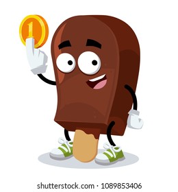 cartoon ice cream popsicle mascot keeps the coin on white background