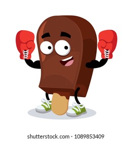 cartoon ice cream popsicle mascot in red boxing gloves on white background