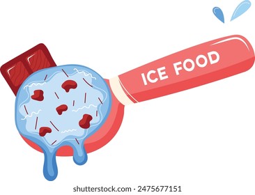 Cartoon ice cream popsicle melting. Red stick says ICE FOOD. Blue dessert drips onto red surface