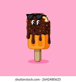 Desenho animado Ice Cream Popsicle com óculos de sol Kawaii Vetor Ilustração