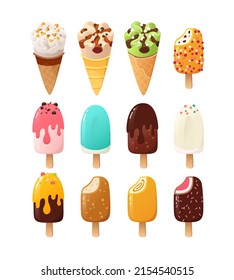 Cartoon ice cream and popsicles with various flavours, icings, toppings waffle cones and sundae. Ice cream dessert food in chocolate strawberry and vanilla glazing.   Vector illustration part 2 of 3