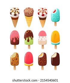 Cartoon ice cream and popsicles with various flavours, icings, toppings and sundae. Ice cream dessert food in chocolate strawberry pistachio mint and vanilla glazing.   Vector illustration part 1 of 3