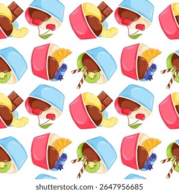 Cartoon ijs schep in papier cup naadloos patroon. Sorbet met kiwi, ananas, bosbes en chocoladereep. Perfect voor zomerse ontwerp, dessert café behang en textiel.
