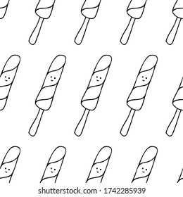 Cartoon ice cream. Seamless pattern with Doodle ice cream. Black outline drawing on a white background. Vector illustration. Print for textiles, notebook covers, wrapping paper.