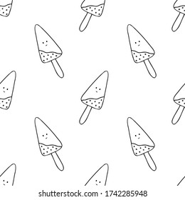 Cartoon ice cream. Seamless pattern with Doodle ice cream. Black outline drawing on a white background. Vector illustration. Print for textiles, notebook covers, wrapping paper.