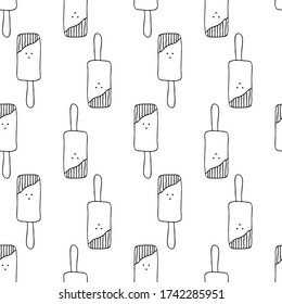 Cartoon ice cream. Seamless pattern with Doodle ice cream. Black outline drawing on a white background. Vector illustration. Print for textiles, notebook covers, wrapping paper.