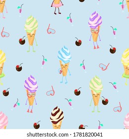 Caricatura Ice Cream. Patrón sin foco. Ilustración vectorial aislada en un fondo azul.