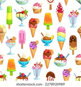 Cartoon ice cream seamless pattern. Textile or fabric background, wallpaper vector print or wrapping paper backdrop with fruit and berry popsicle ice cream, gelateria sweets and sundae cone dessert