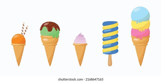 Cartoon ice cream set. Chocolate and vanilla ice cream dessert illustration